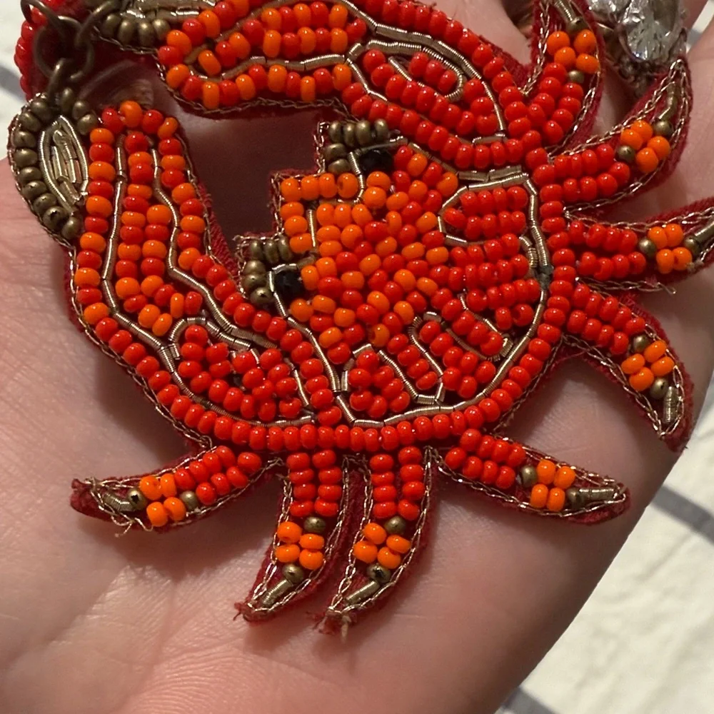 Beaded Crab Drop Earrings - Red Orange Statement Earrings - Picture 3 of 5